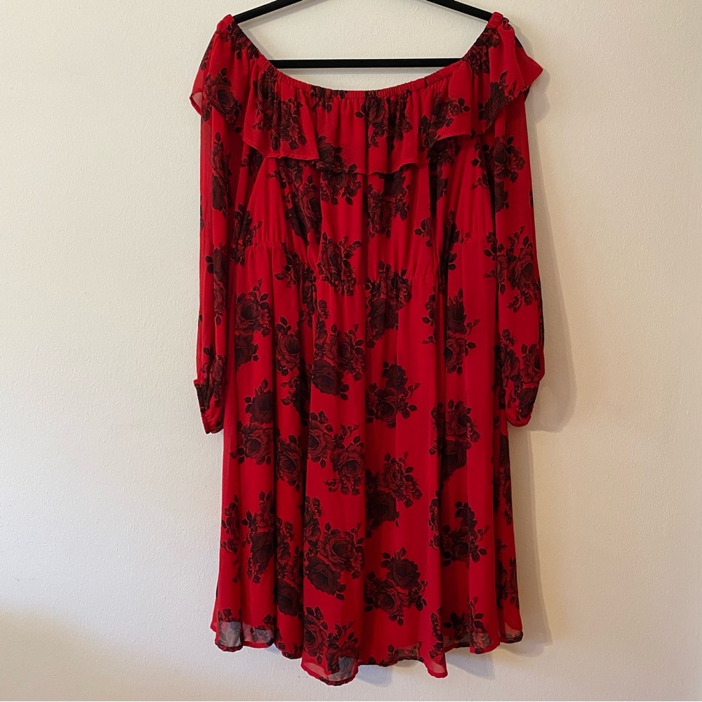 Torrid Off Shoulder Ruffled Red Chiffon Floral Dress